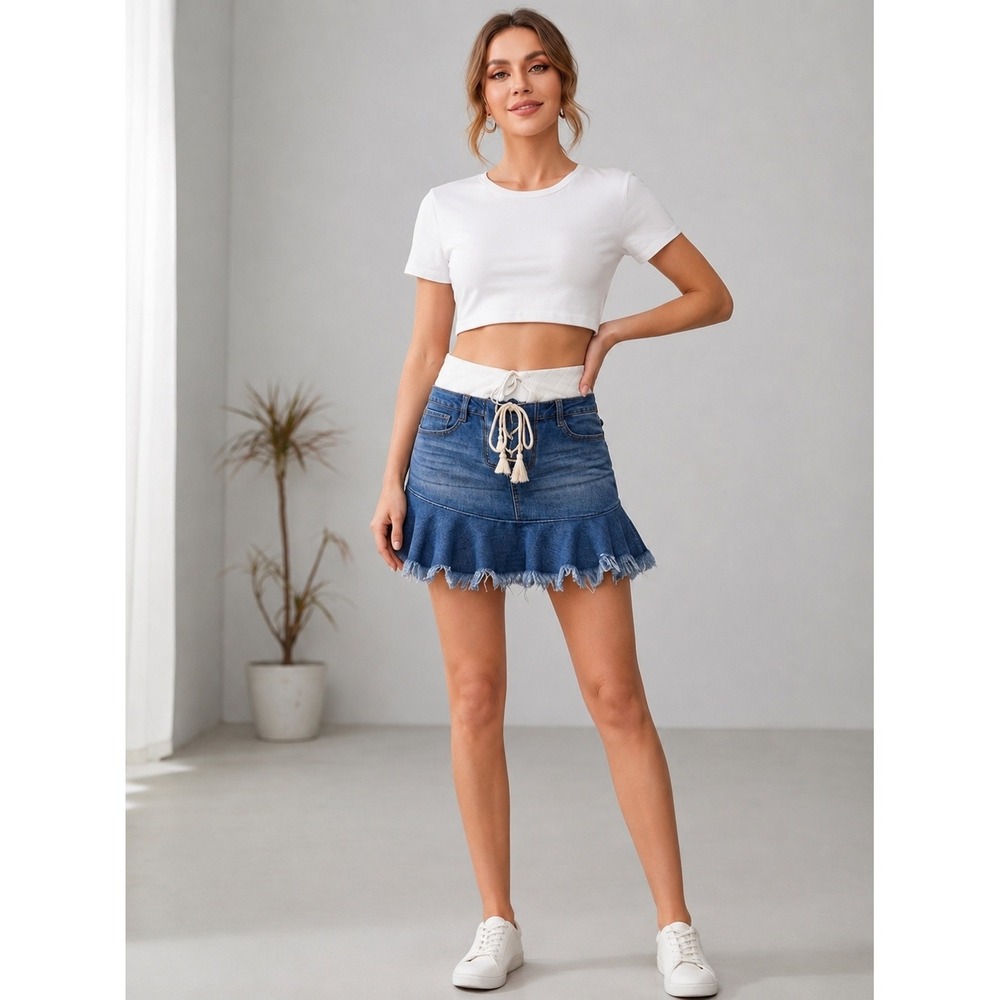 Tinseltown Denim Lace‎ Up Ruffle Mini Skirt Medium Wash NWT Size 9 Juniors